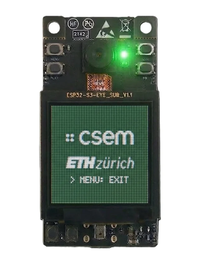 The same ESP32-S3-EYE microcontroller board on its boot screen, displaying the CSEM and ETH Zürich logos.